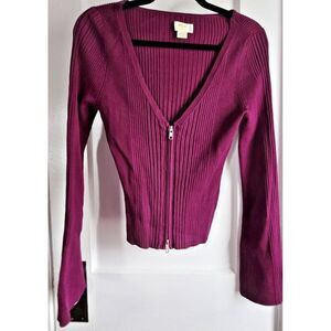 Maeve By ANTHROPOLOGIE woman Sz small red zip V neck cardigan sweater Ribbed fit